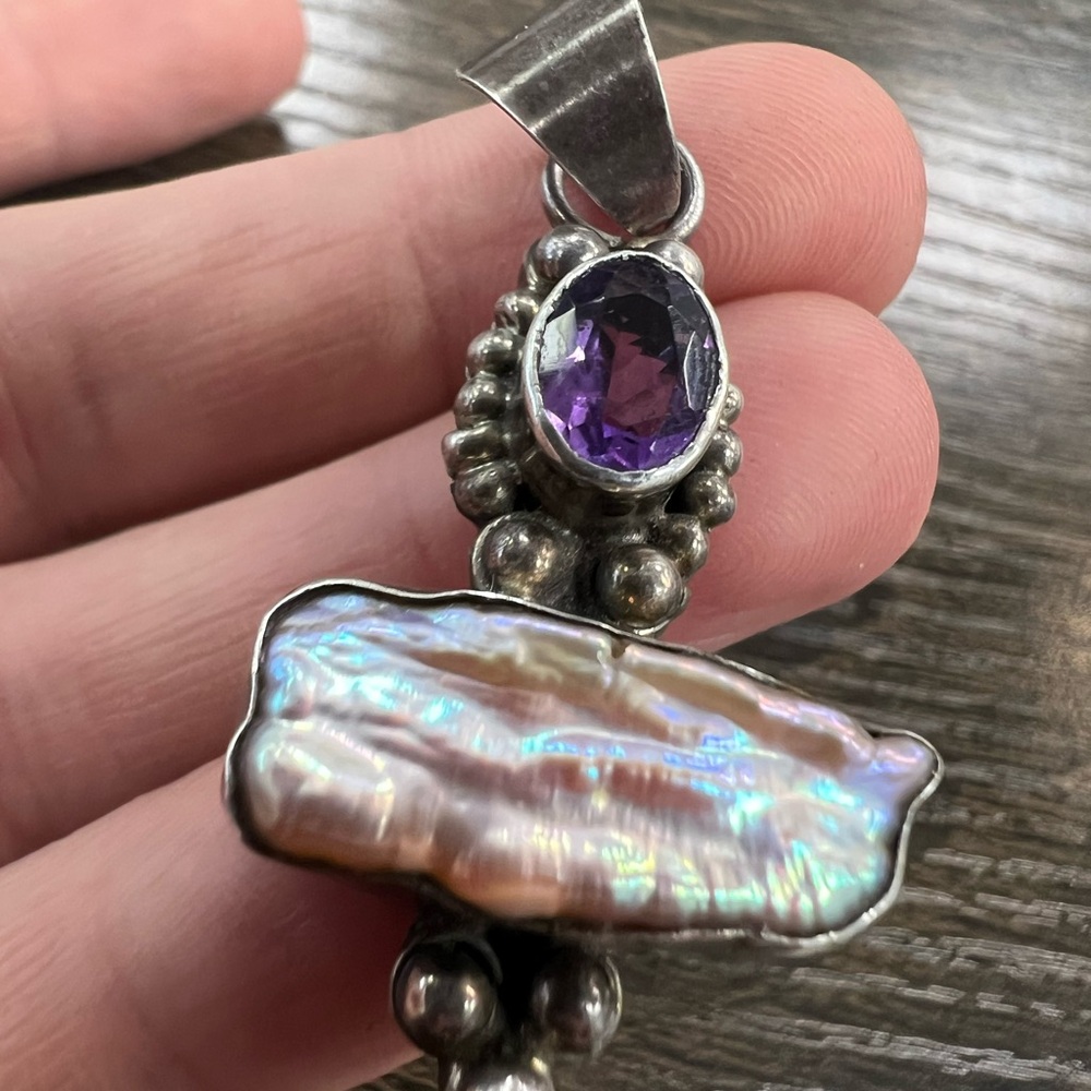 Baroque Peacock Freshwater Pearl and amethyst Sterling silver Pendant